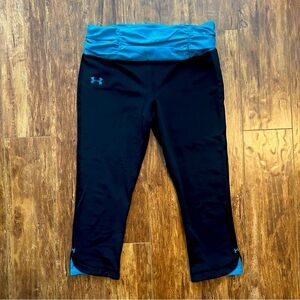EUC Under Armour black capri yoga pants turquoise blue waistband leggings